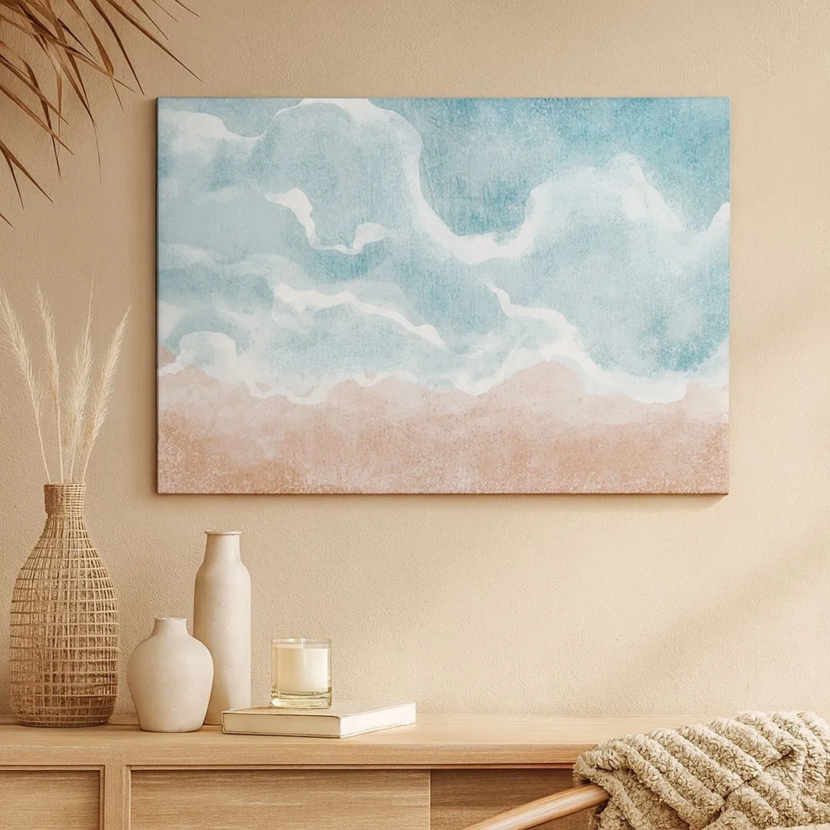 Quadro su tela - Stampe su Tela - Spiaggia astratta con onde nei toni del blu e del beige - 70x50cm - Astrazione nebulosa - Decorazione murale moderna per soggiorno e camera da letto ARTTOR