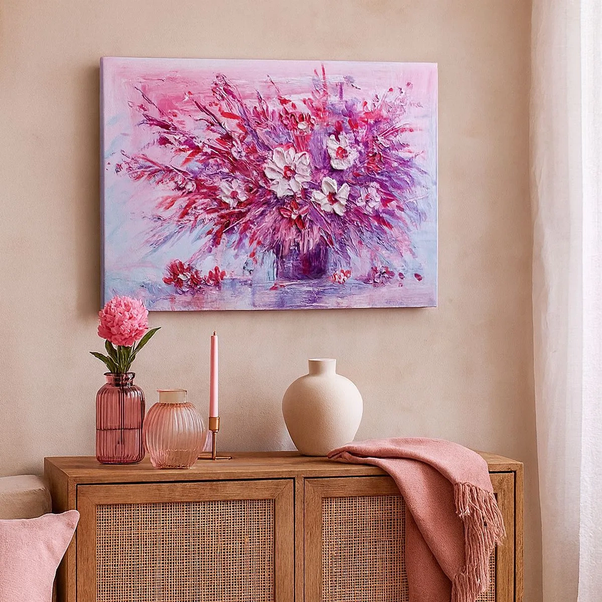 Quadro su tela - Stampe su Tela - Un colorato bouquet di fiori nelle tonalità del rosa e del viola - 70x50cm - Innocenza e passione - Decorazione murale moderna per soggiorno e camera da letto ARTTOR