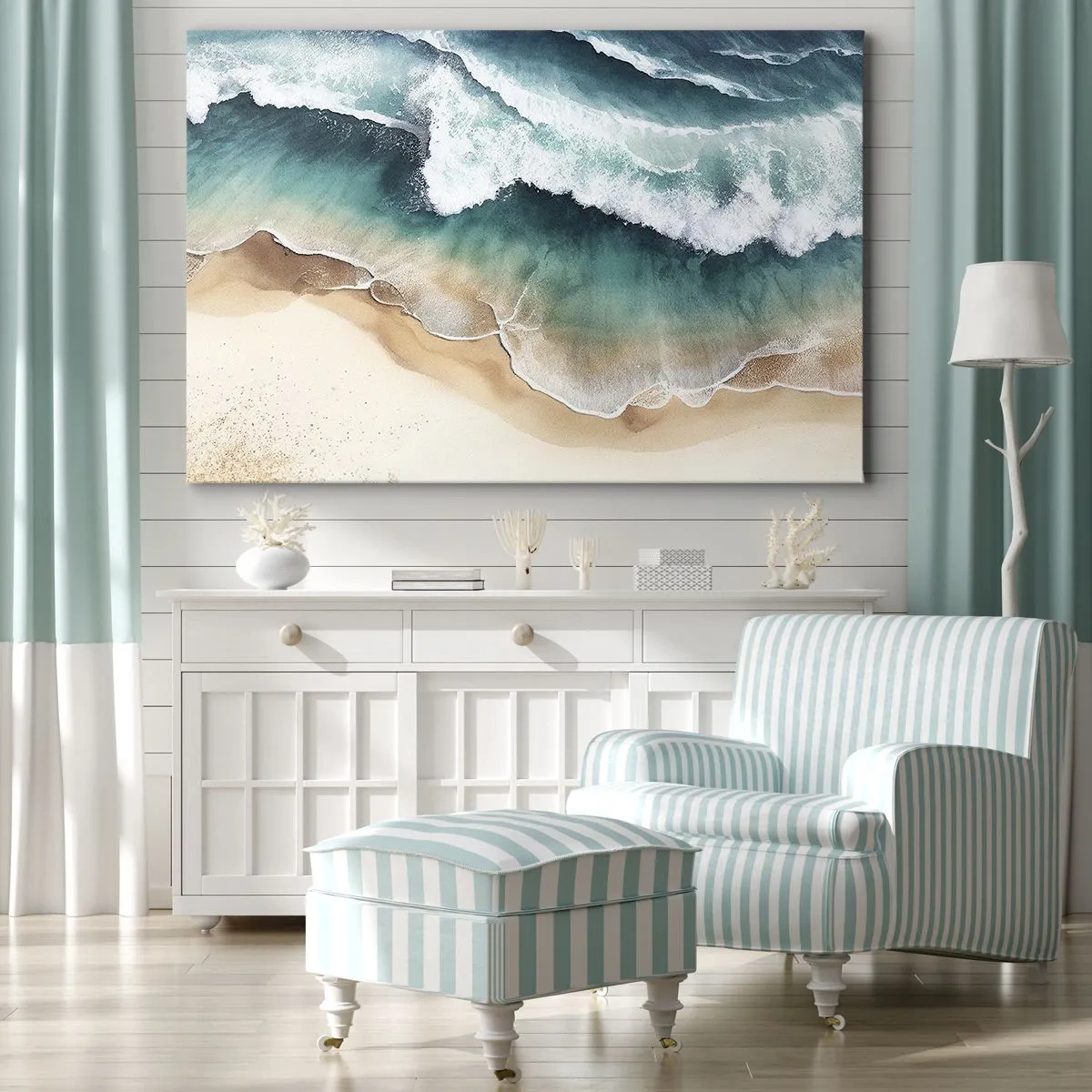 Quadro su tela - Stampe su Tela - Vista della spiaggia e delle onde del mare nelle tonalità del turchese - 70x50cm - L'eterno incontro - Decorazione murale moderna per soggiorno e camera da letto ARTTOR