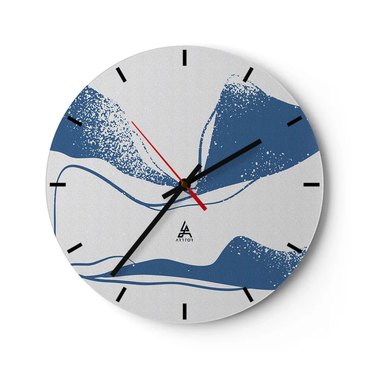 Orologio da parete - Orologio in Vetro - Astrazione grafica con ali blu su sfondo bianco - 30x30cm - Astrazione alata - Decorazione murale moderna per soggiorno, cucina e camera da letto ARTTOR