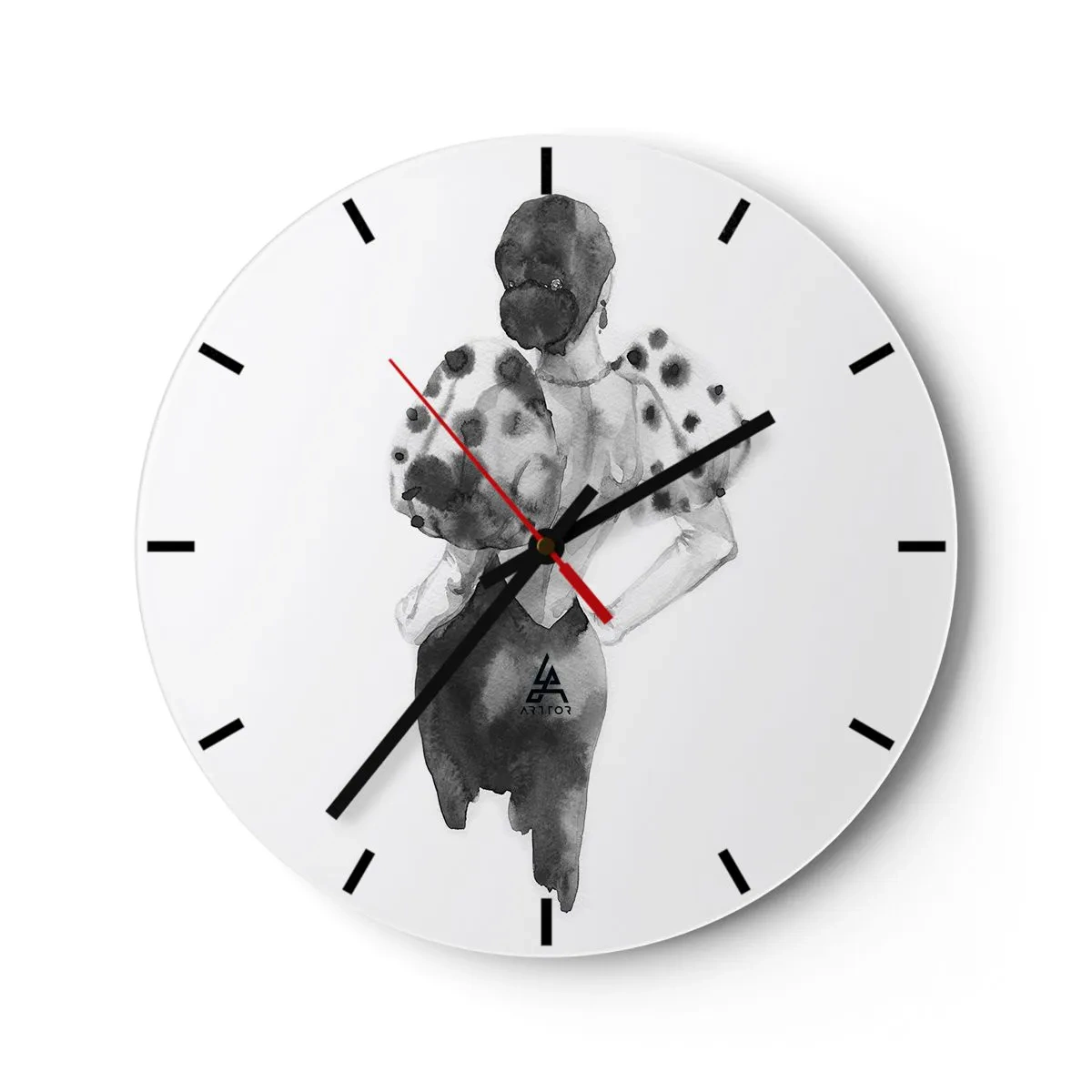 Orologio da parete - Orologio in Vetro - Illustrazione in bianco e nero di una donna in un abito elegante - 30x30cm - è passata accanto - Decorazione murale moderna per soggiorno, cucina e camera da letto ARTTOR