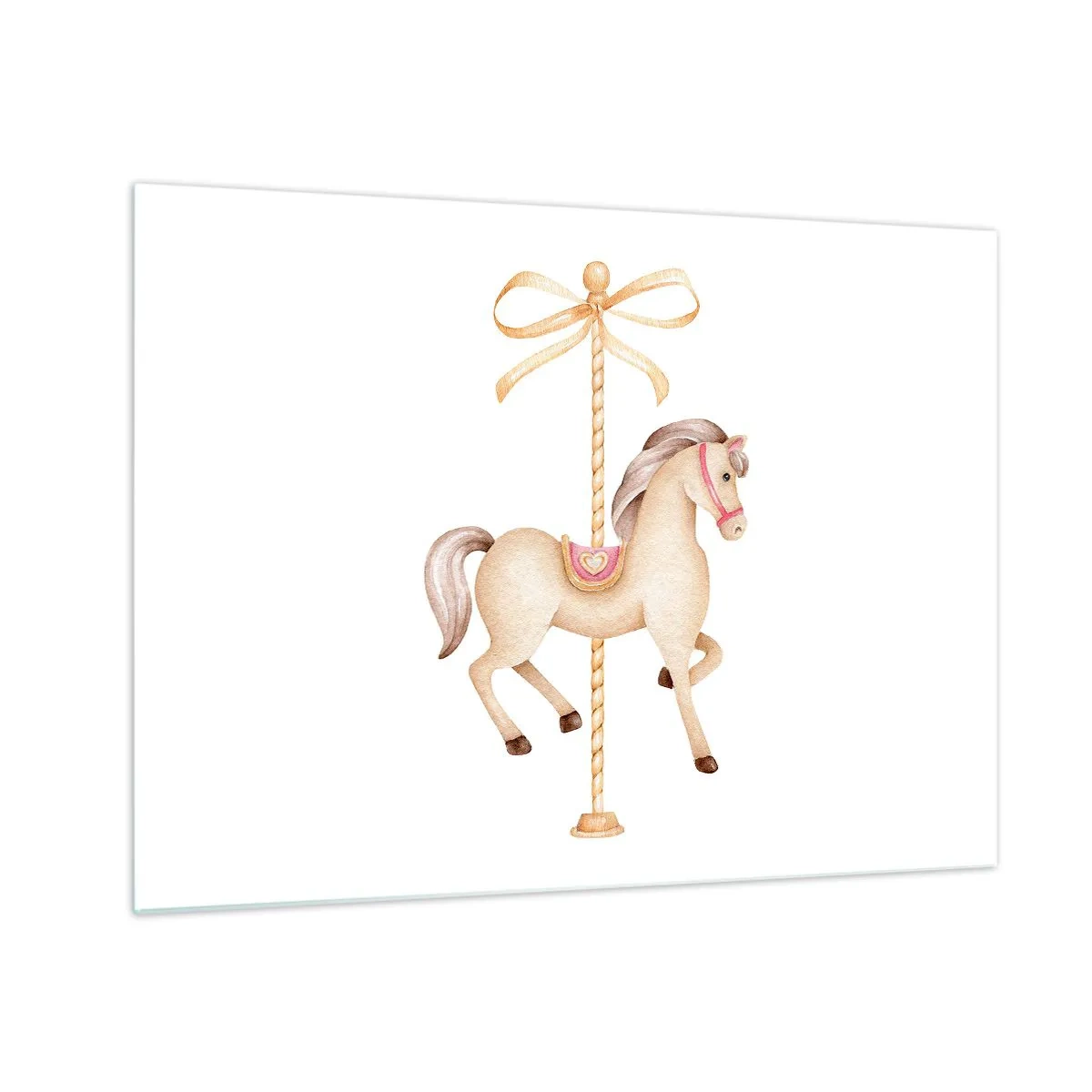 Quadro su vetro - Cavallo da giostra beige con fiocco su sfondo bianco - 70x50cm - Trotto aggraziato - Decorazione murale moderna per soggiorno e camera da letto ARTTOR