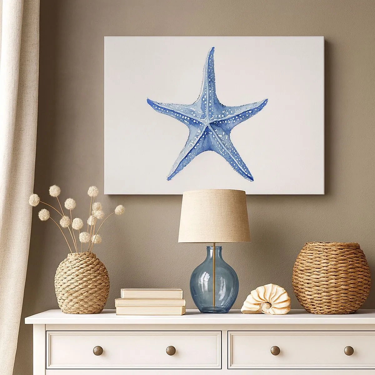 Quadro su tela - Stampe su Tela - Stella marina blu su sfondo bianco in stile minimalista - 70x50cm - Stella marina - Decorazione murale moderna per soggiorno e camera da letto ARTTOR