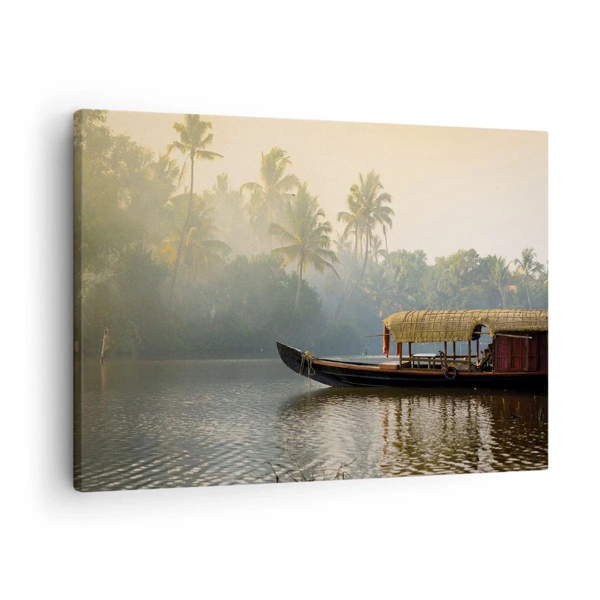 Quadro su tela - Stampe su Tela - Una barca tradizionale su un fiume calmo tra le palme - 70x50cm - Casa sul fiume - Decorazione murale moderna per soggiorno e camera da letto ARTTOR