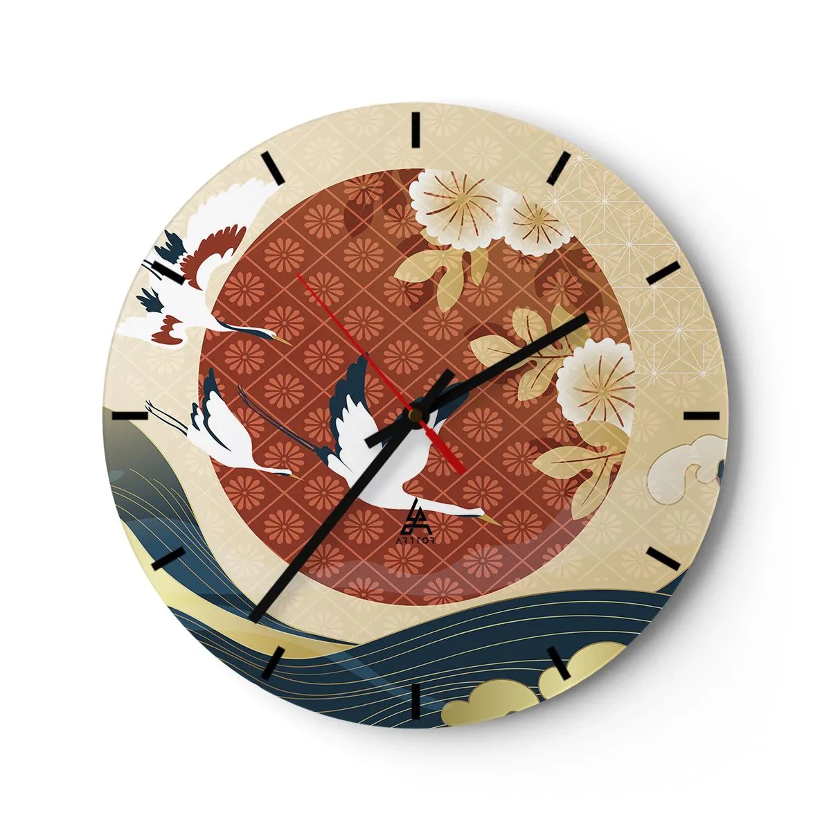 Orologio da parete - Orologio in Vetro - Gru giapponesi su uno sfondo di un cerchio rosso e onde stilizzate. - 30x30cm - Favola giapponese - Decorazione murale moderna per soggiorno, cucina e camera da letto ARTTOR