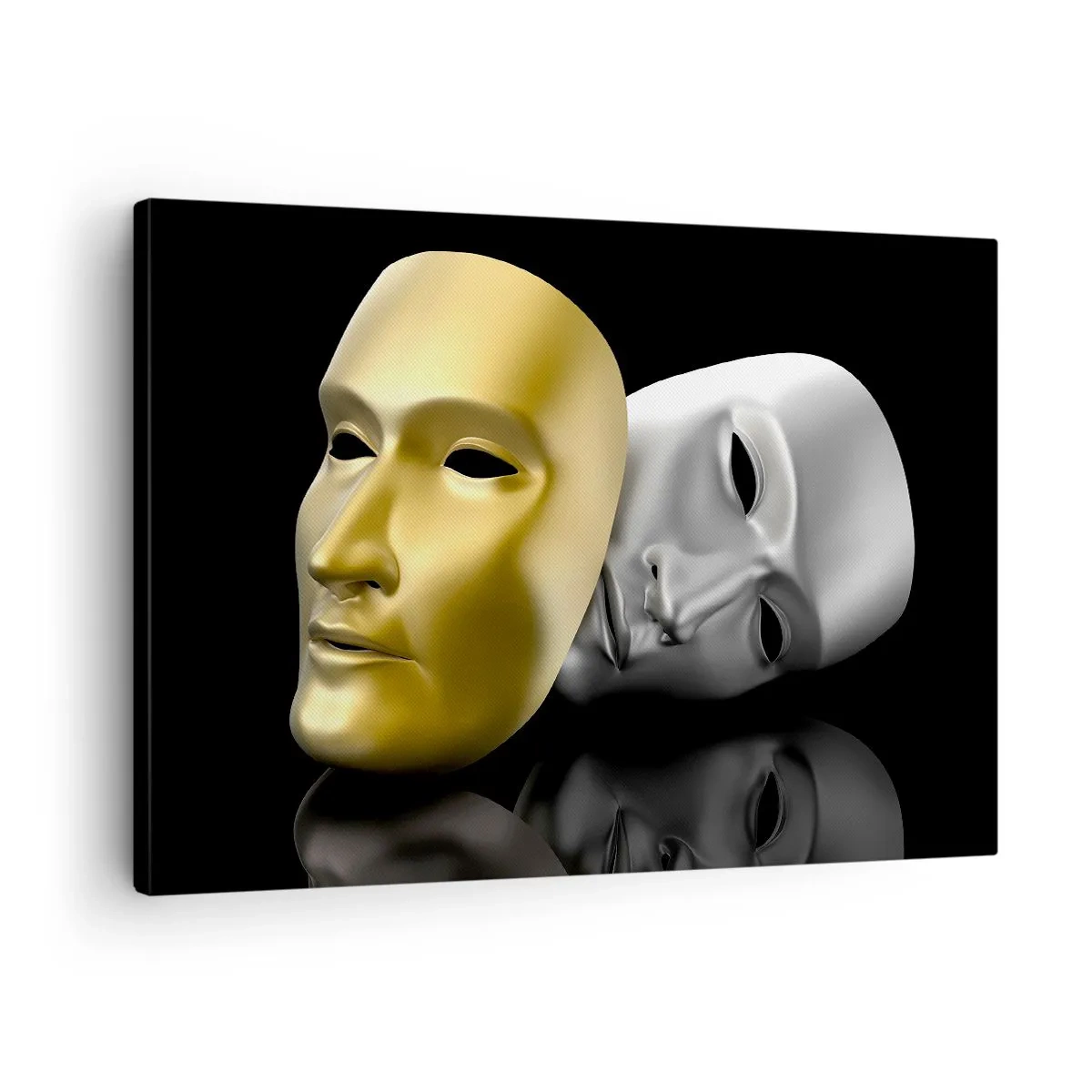 Quadro su tela - Stampe su Tela - Maschera in oro e argento su sfondo nero - 70x50cm - La vita è teatro - Decorazione murale moderna per soggiorno e camera da letto ARTTOR