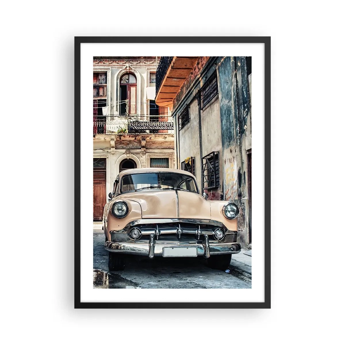 Poster in cornice nera - Un'auto d'epoca in un contesto urbano retrò - 50x70cm - Siesta all'Avana - Decorazione murale moderna per soggiorno e camera da letto ARTTOR