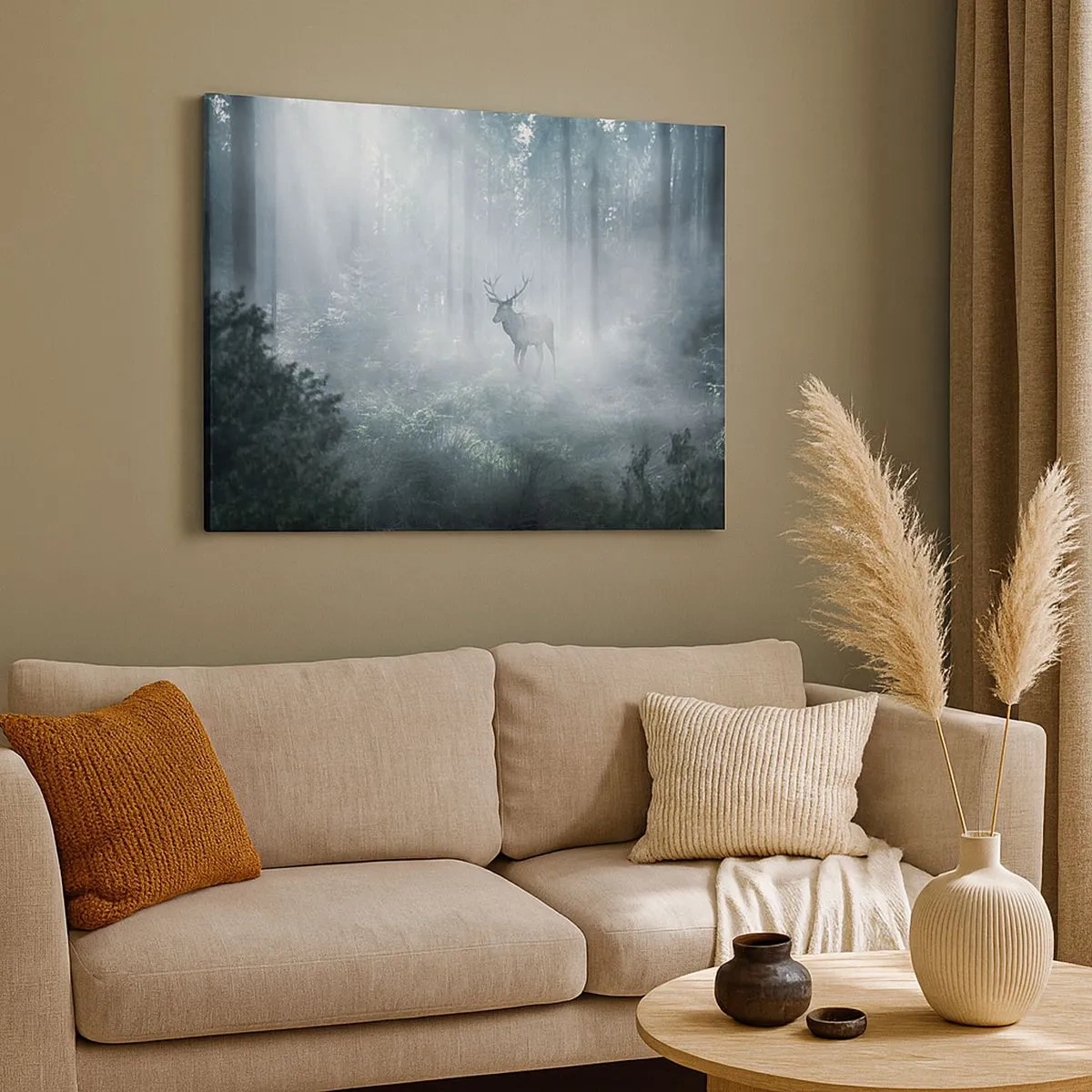 Quadro su tela - Stampe su Tela - Un cervo in una fitta foresta avvolto nella nebbia mattutina - 70x50cm - Passeggiata mattutina sulle sue terre - Decorazione murale moderna per soggiorno e camera da letto ARTTOR