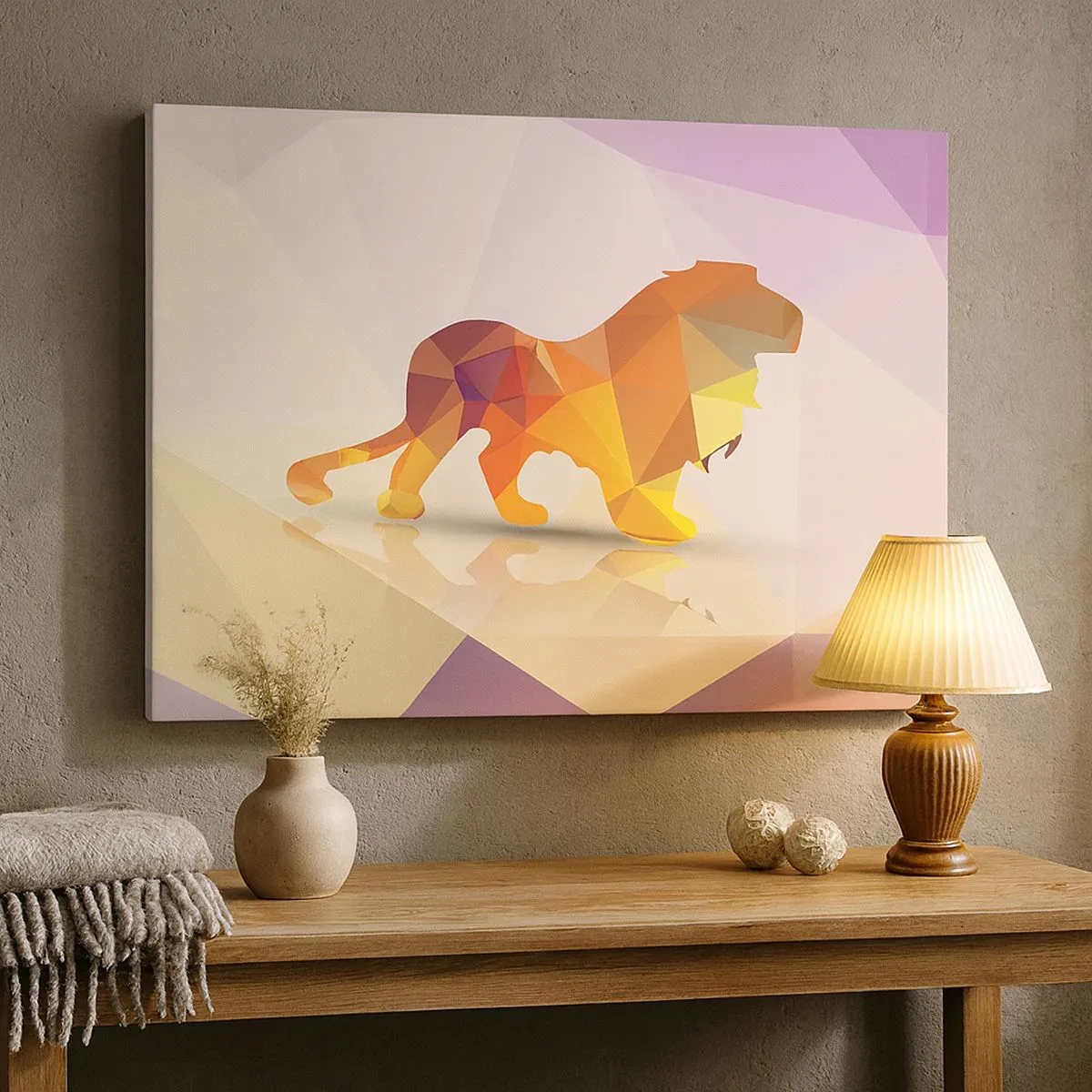 Quadro su tela - Stampe su Tela - Silhouette geometrica di un leone nei toni del giallo e dell'arancione - 70x50cm - Il re di diamante - Decorazione murale moderna per soggiorno e camera da letto ARTTOR