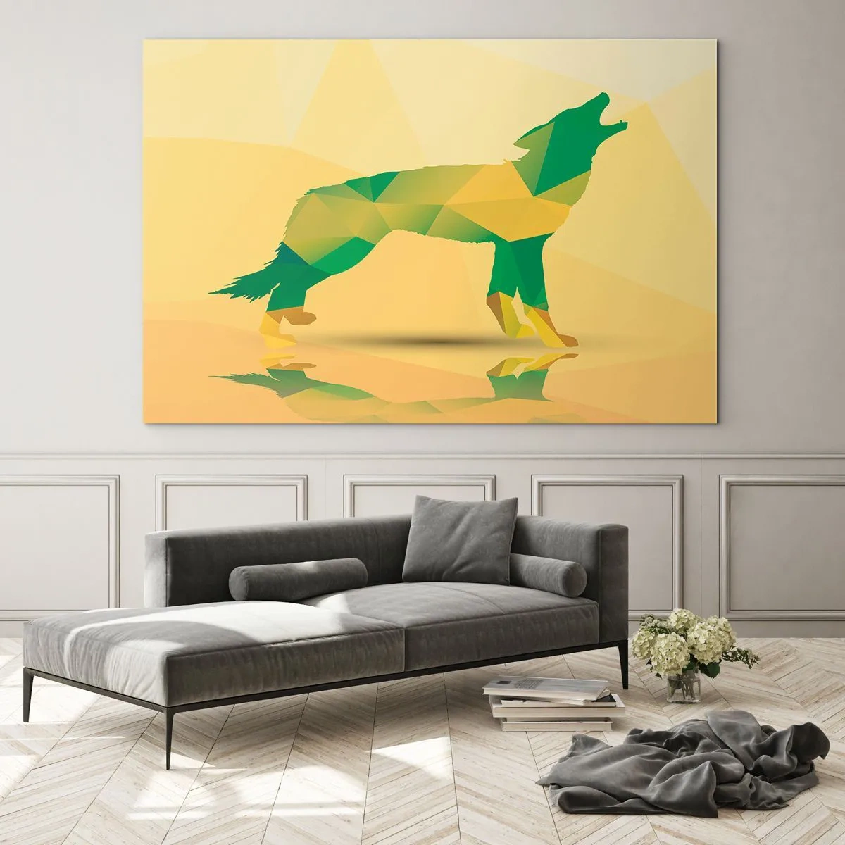 Quadro su vetro - Lupo geometrico in astrazione colorata - 70x50cm - Il lupo solitario - Decorazione murale moderna per soggiorno e camera da letto ARTTOR