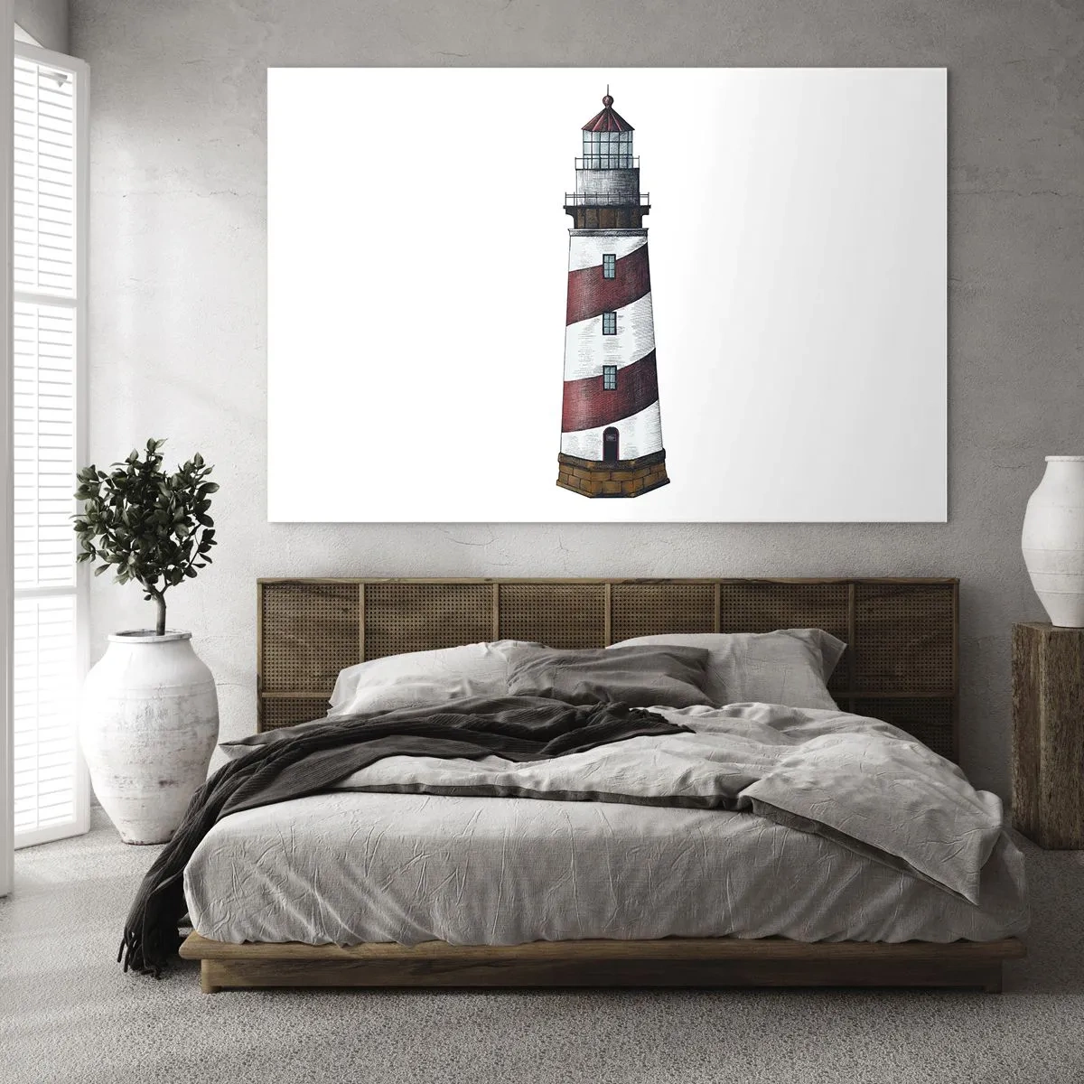 Quadro su vetro - Faro rosso e bianco su sfondo bianco - 70x50cm - Sempre di guardia - Decorazione murale moderna per soggiorno e camera da letto ARTTOR