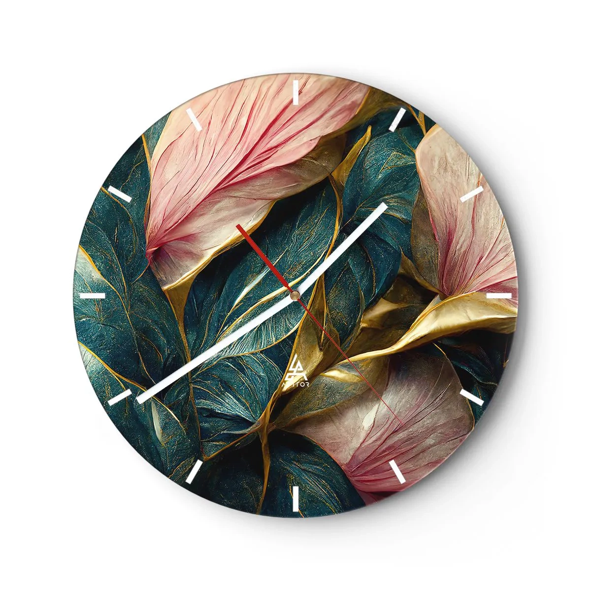 Orologio da parete - Orologio in Vetro - Foglie nei toni del verde, oro e rosa in una forma elegante - 30x30cm - Stile ed eleganza naturali - Decorazione murale moderna per soggiorno, cucina e camera da letto ARTTOR