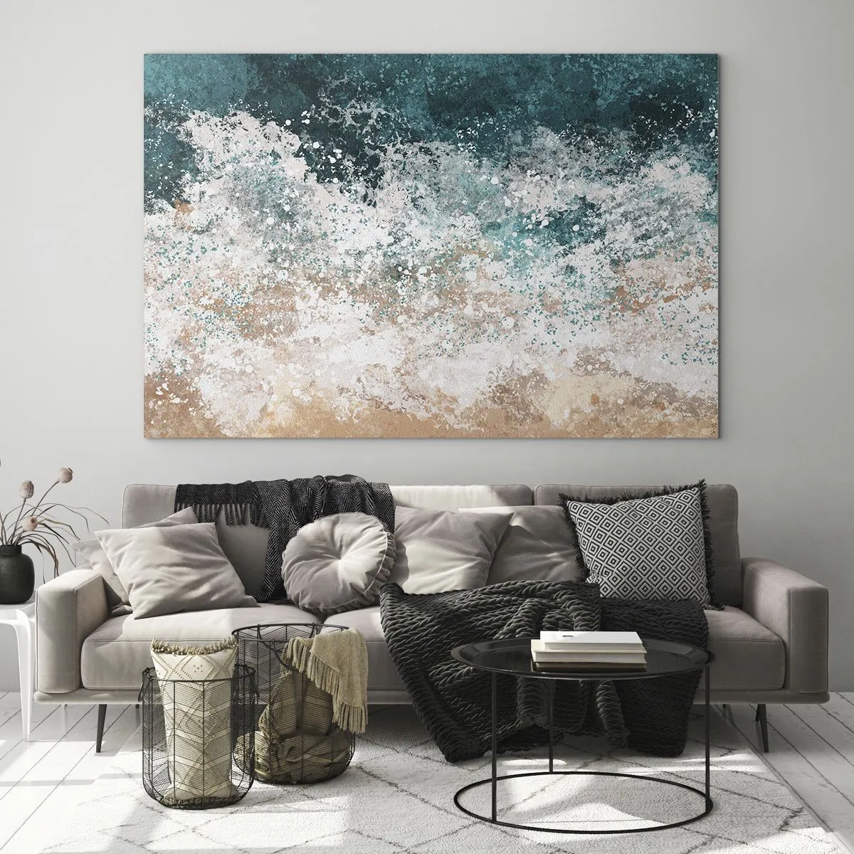 Quadro su vetro - Onda marina astratta nei toni del turchese, bianco e beige sabbia - 70x50cm - Storie di mare - Decorazione murale moderna per soggiorno e camera da letto ARTTOR