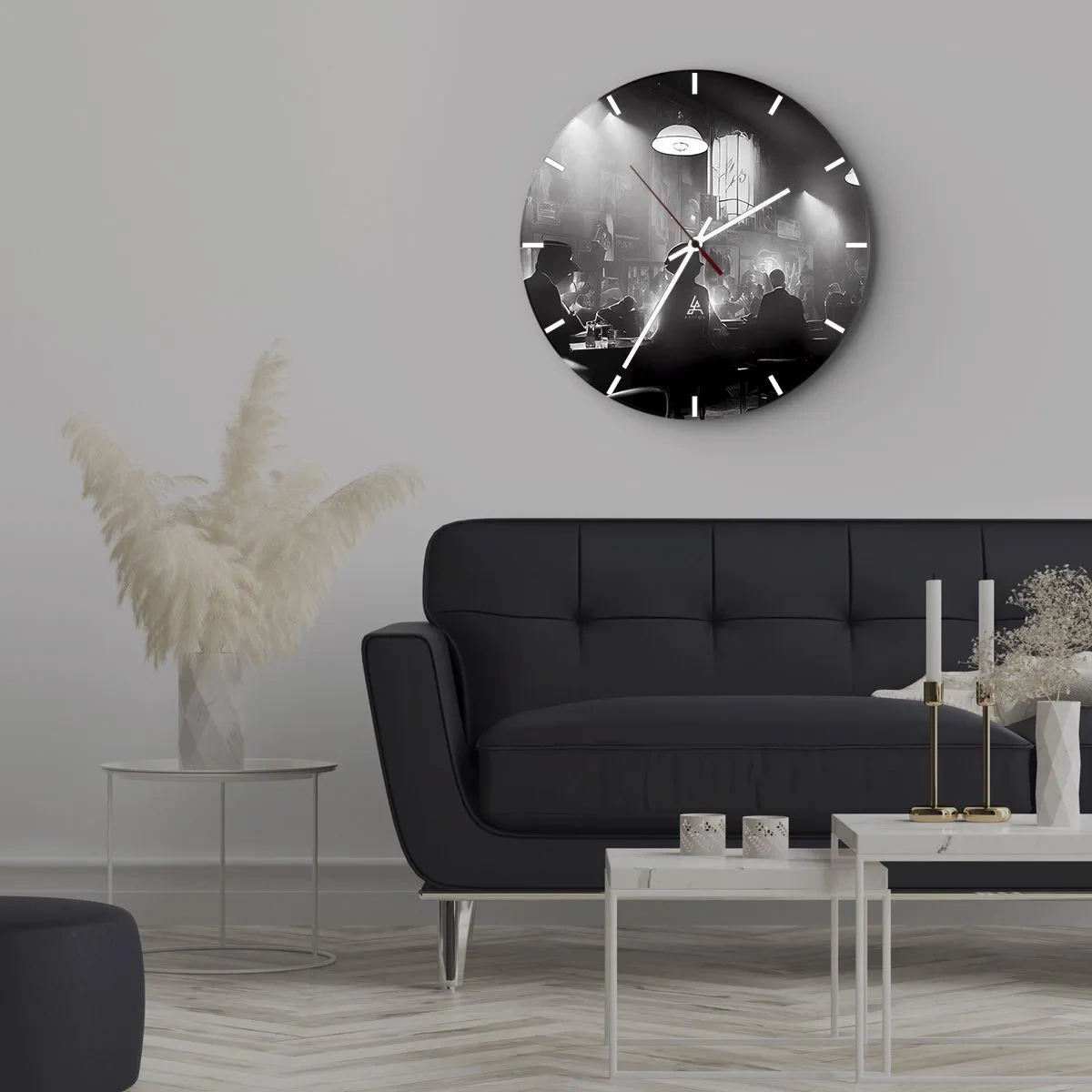 Orologio da parete - Orologio in Vetro - Scena in bianco e nero di un jazz club con sagome di ospiti - 30x30cm - Nell'atmosfera jazz - Decorazione murale moderna per soggiorno, cucina e camera da letto ARTTOR