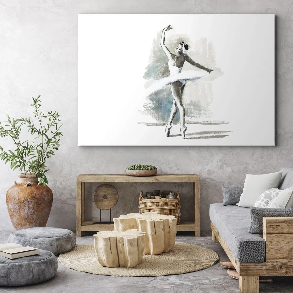 Quadro su tela - Stampe su Tela - Una ballerina in posa da balletto su uno sfondo dai delicati toni acquerellati. - 70x50cm - Tramutata in un cigno - Decorazione murale moderna per soggiorno e camera da letto ARTTOR