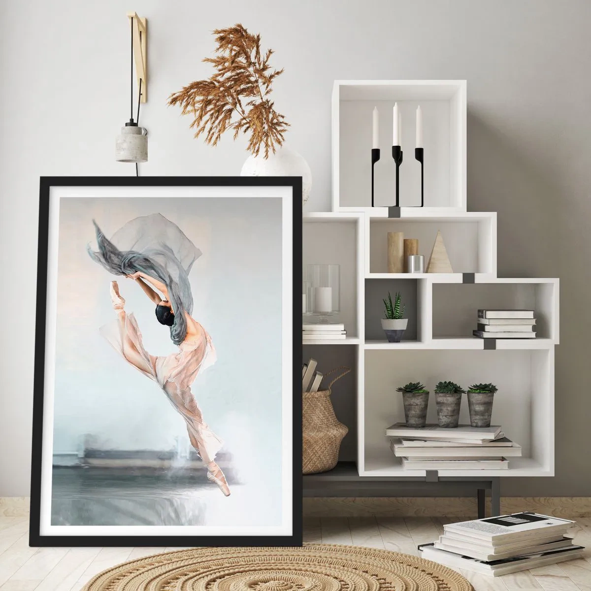 Poster in cornice nera - Una ballerina che balla con uno scialle delicato su uno sfondo chiaro - 50x70cm - Nell'estasi della danza - Decorazione murale moderna per soggiorno e camera da letto ARTTOR