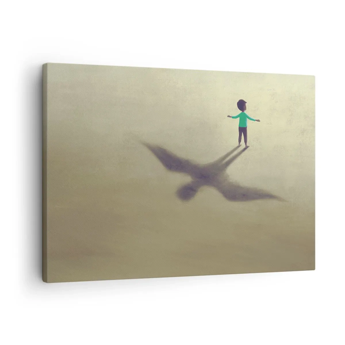 Quadro su tela - Stampe su Tela - Una figura simbolica di un bambino con l'ombra di un uccello su uno sfondo dalle tonalità calde. - 70x50cm - Eroe del futuro - Decorazione murale moderna per soggiorno e camera da letto ARTTOR