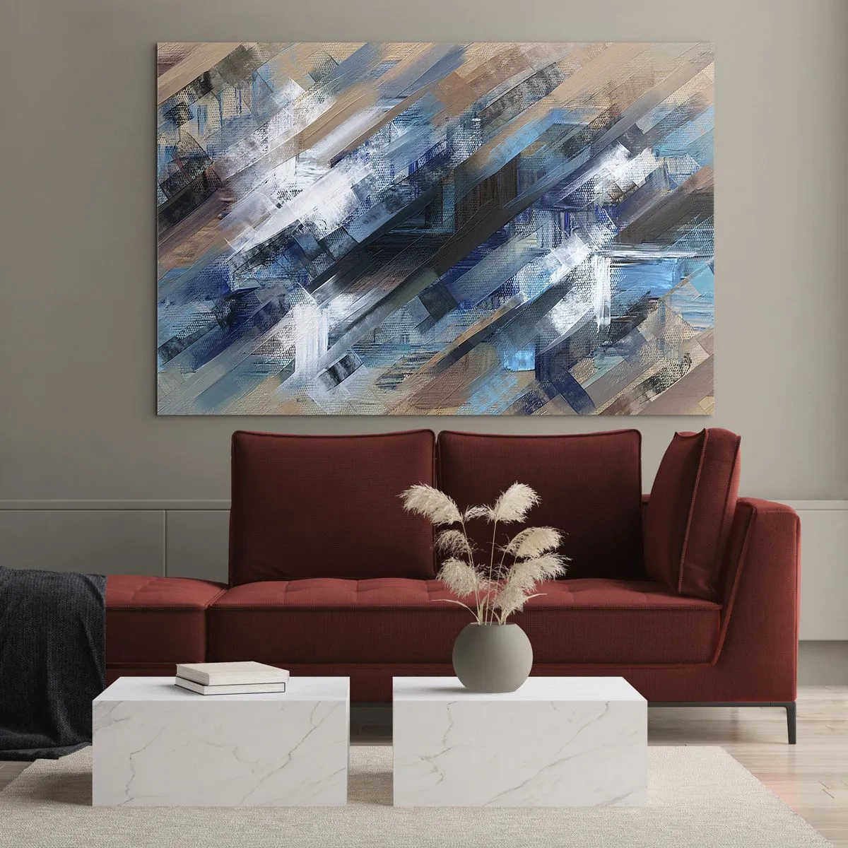 Quadro su vetro - Strisce diagonali astratte nei toni del blu, bianco e beige - 70x50cm - Sulla diagonale blu - Decorazione murale moderna per soggiorno e camera da letto ARTTOR