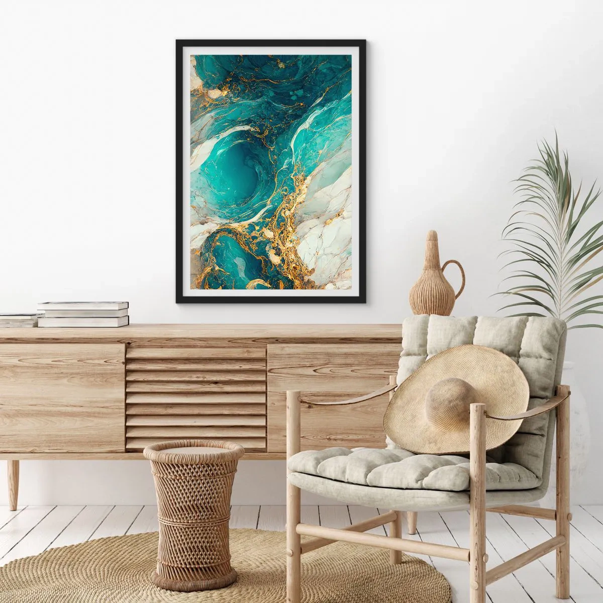 Poster in cornice nera - Astrazione turchese con accenti dorati - 50x70cm - Composizione con vene d'oro - Decorazione murale moderna per soggiorno e camera da letto ARTTOR