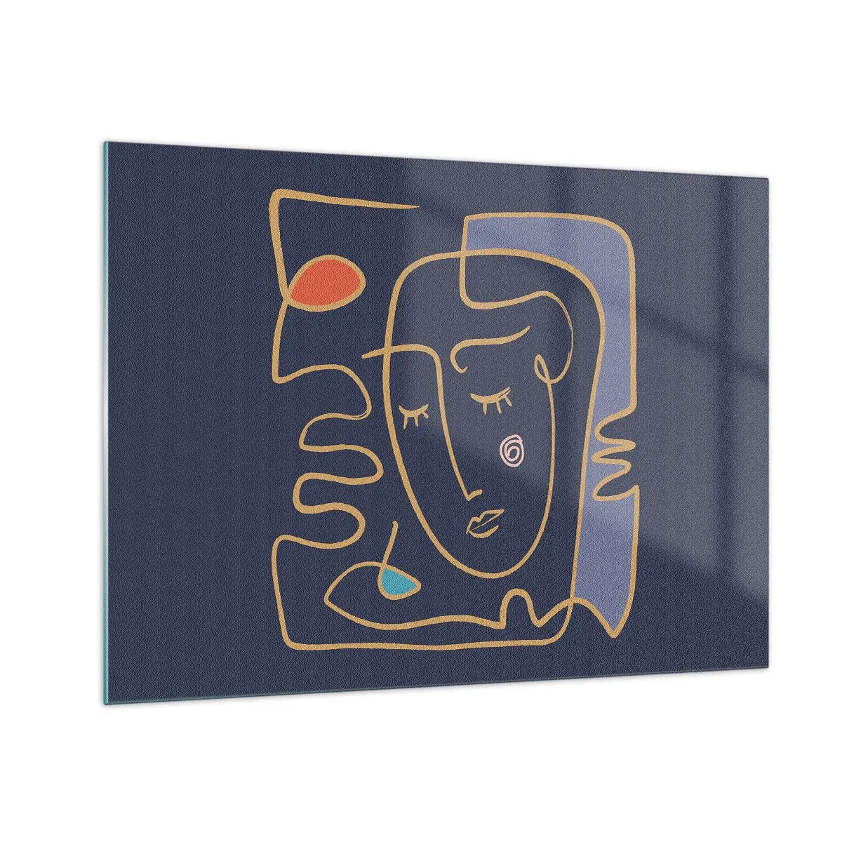 Quadro su vetro - Volto astratto in contorno su sfondo blu navy - 70x50cm - Pensierosa - Decorazione murale moderna per soggiorno e camera da letto ARTTOR