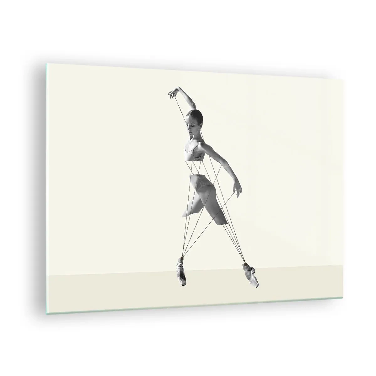 Quadro su vetro - Silhouette in bianco e nero di una ballerina con motivo a linee geometriche - 70x50cm - Nel teatro del mondo - Decorazione murale moderna per soggiorno e camera da letto ARTTOR