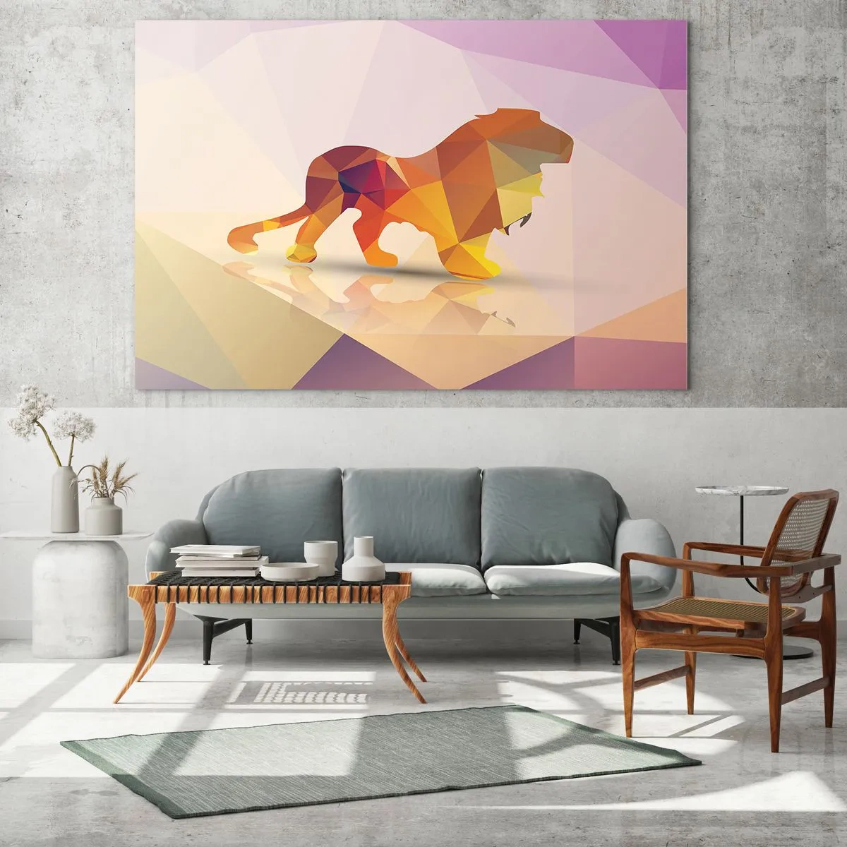 Quadro su vetro - Leone geometrico in astrazione colorata - 70x50cm - Il re di diamante - Decorazione murale moderna per soggiorno e camera da letto ARTTOR
