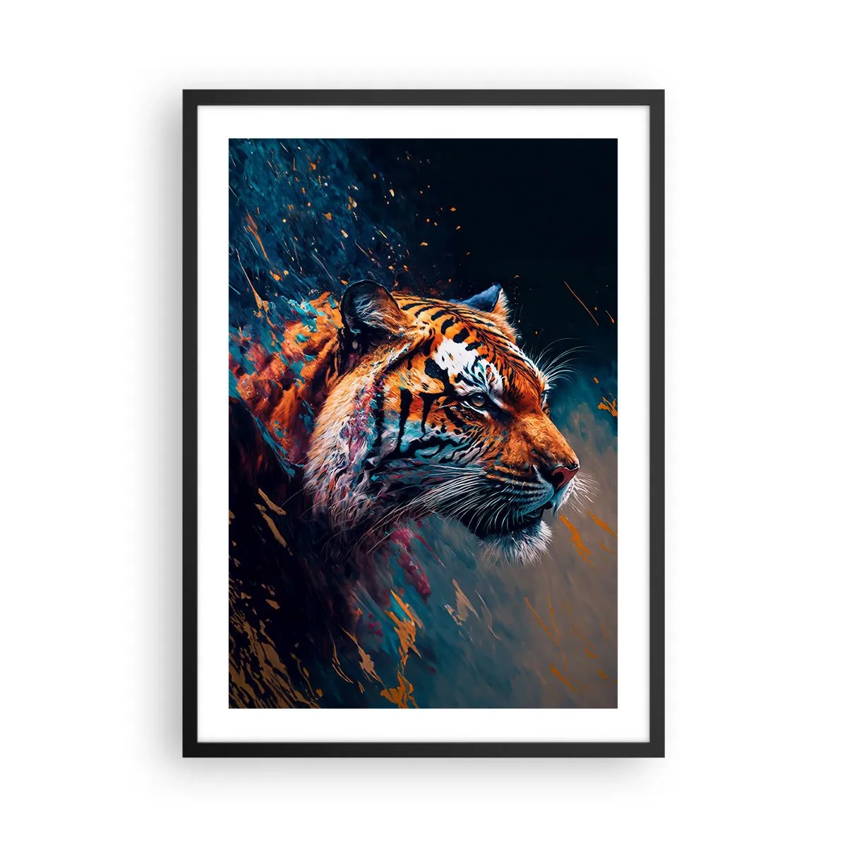 Poster in cornice nera - Un ritratto dinamico di una tigre in stile artistico - 50x70cm - Bellezza selvaggia - Decorazione murale moderna per soggiorno e camera da letto ARTTOR
