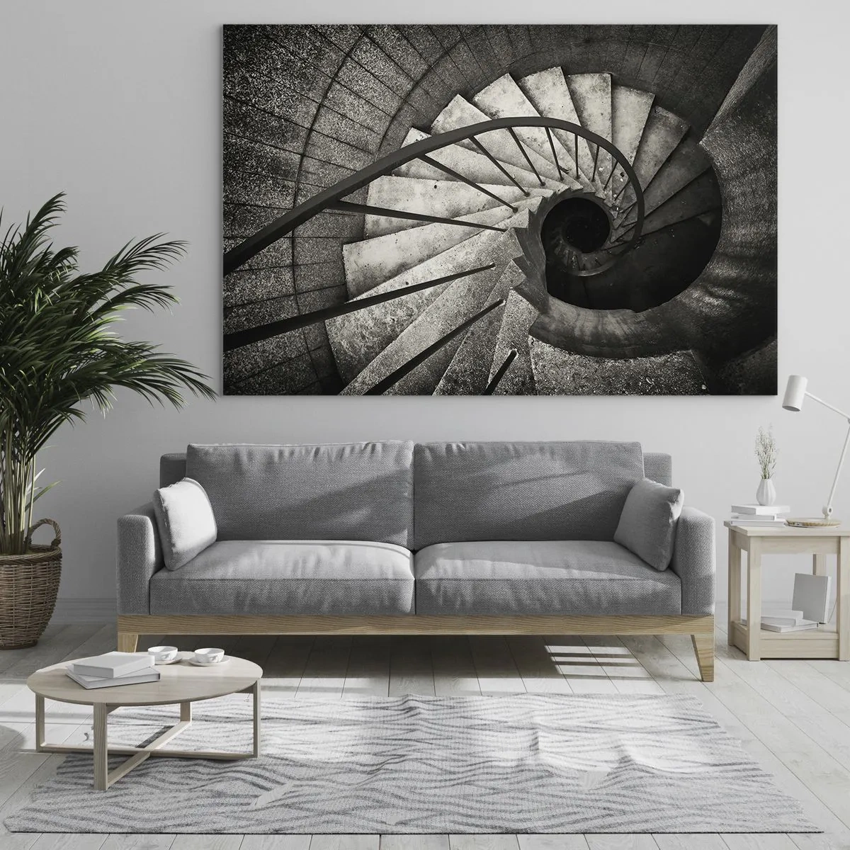 Quadro su vetro - Una scala a chiocciola in bianco e nero vista dall'alto - 70x50cm - Salire e scendere - Decorazione murale moderna per soggiorno e camera da letto ARTTOR