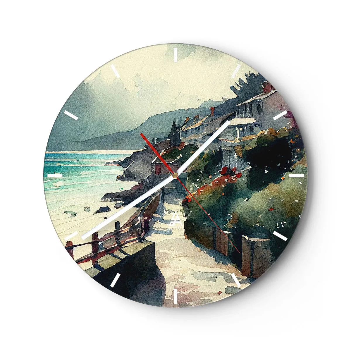 Orologio da parete - Orologio in Vetro - Un sentiero costiero che attraversa edifici mediterranei con vista sul mare - 30x30cm - Cittadina mediterranea - Decorazione murale moderna per soggiorno, cucina e camera da letto ARTTOR