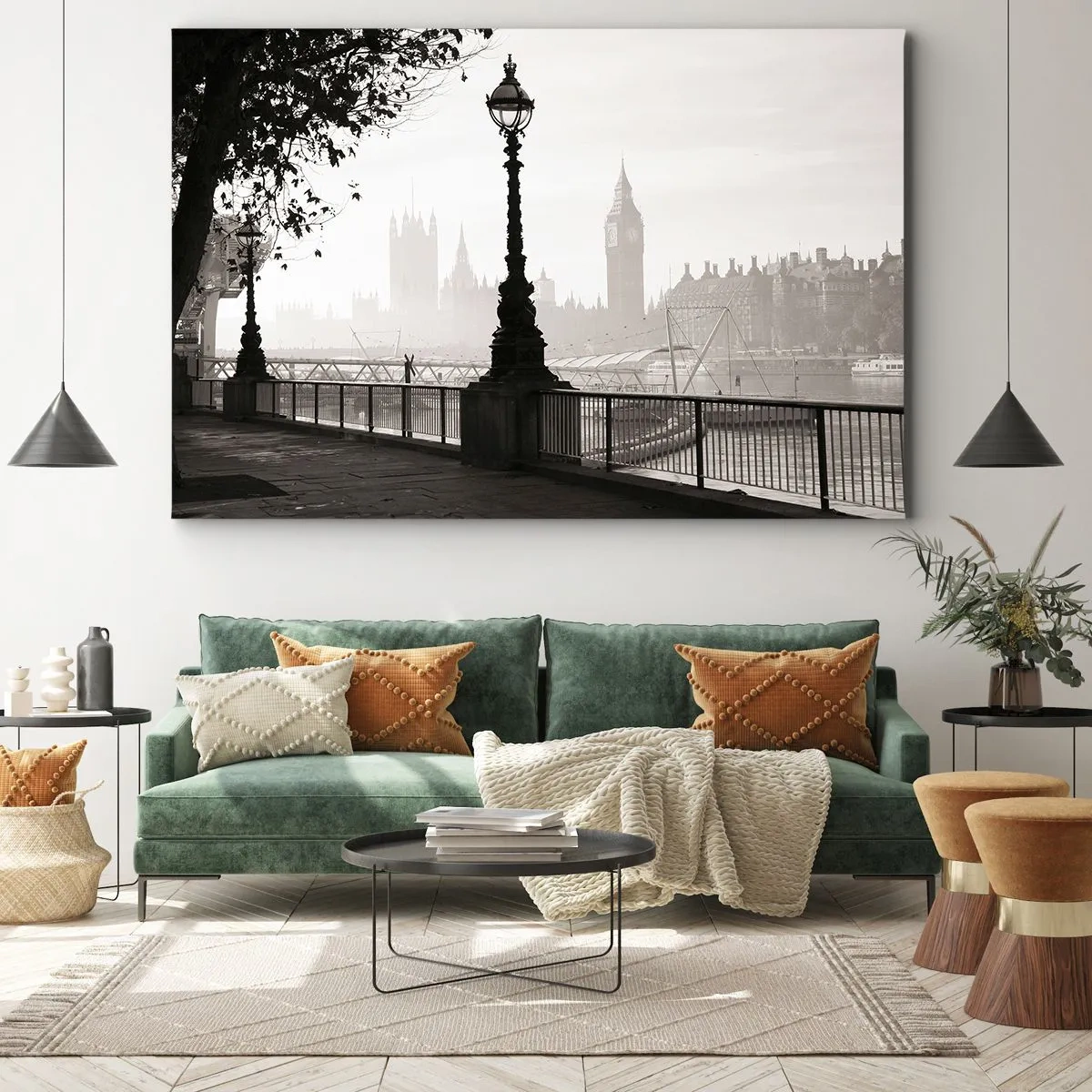Quadro su tela - Stampe su Tela - Una vista monocromatica del Big Ben e del Tamigi. - 70x50cm - Un mattino a Londra - Decorazione murale moderna per soggiorno e camera da letto ARTTOR