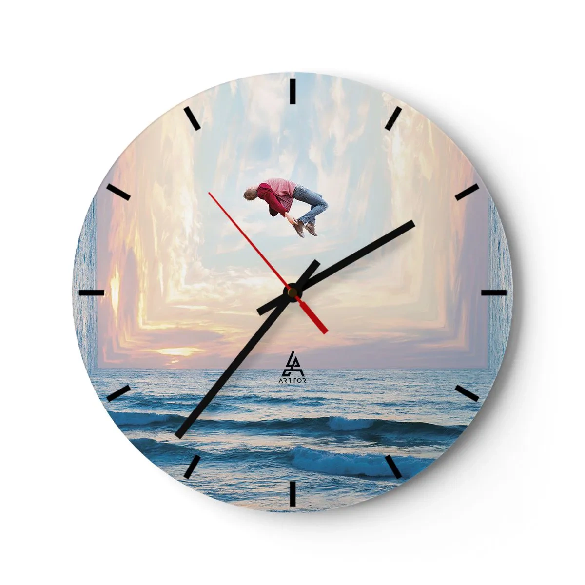 Orologio da parete - Orologio in Vetro - Una figura che salta in riva al mare in un paesaggio surreale - 30x30cm - In un'altra dimensione - Decorazione murale moderna per soggiorno, cucina e camera da letto ARTTOR