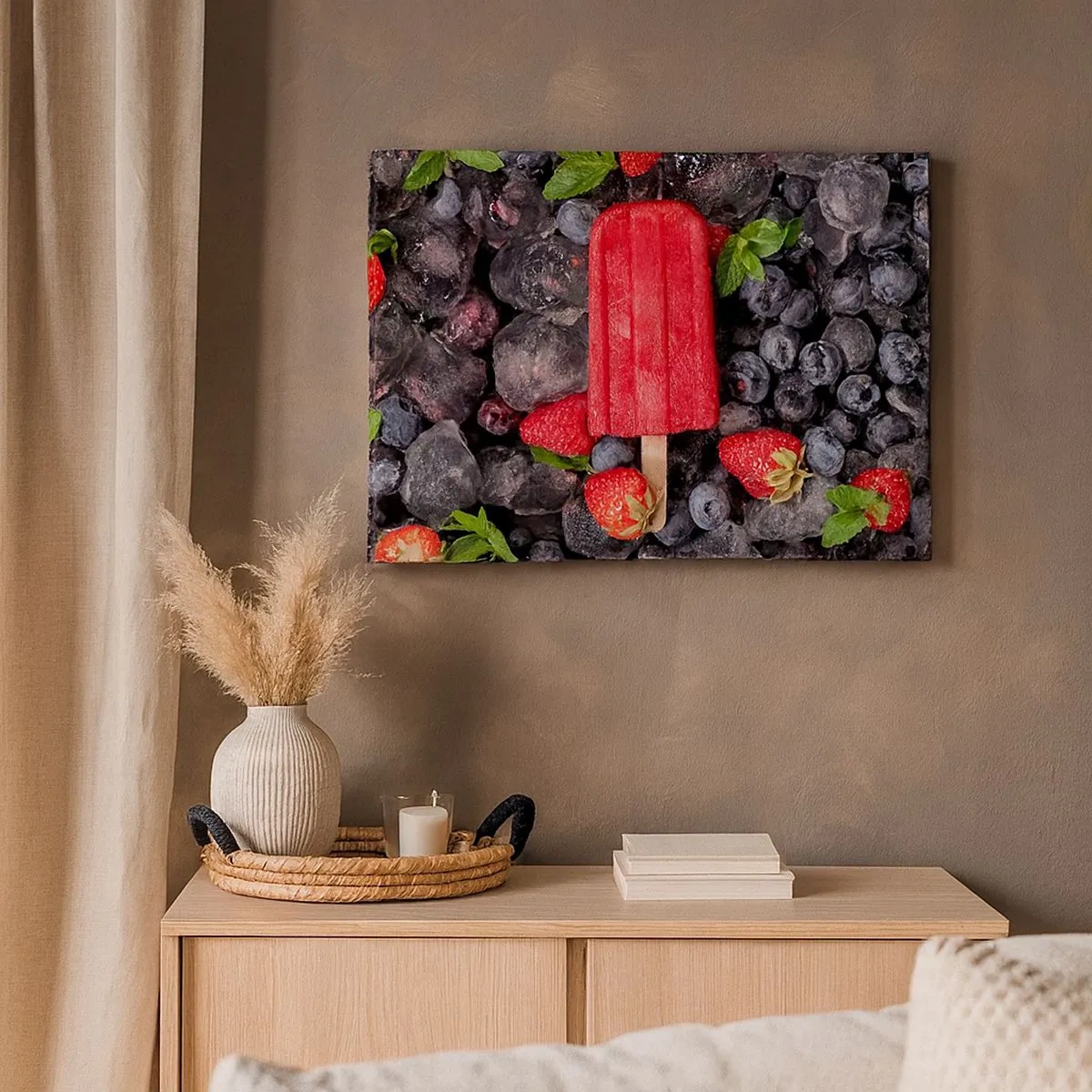 Quadro su tela - Stampe su Tela - Ghiacciolo rosso circondato da frutta e ghiaccio - 70x50cm - Il sapore della calda estate - Decorazione murale moderna per soggiorno e camera da letto ARTTOR