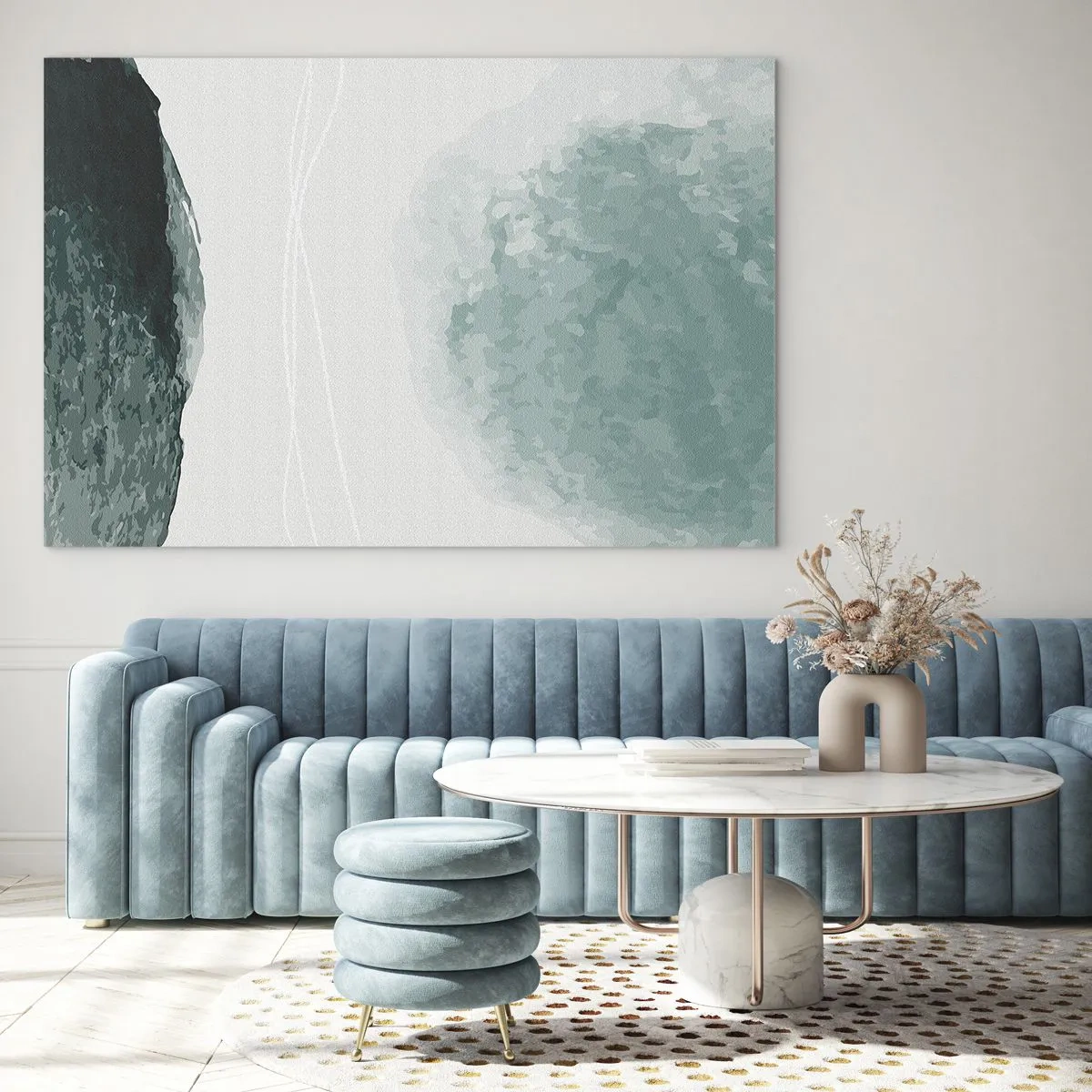 Quadro su vetro - Forme astratte verdi su uno sfondo chiaro che ricordano la nebbia - 70x50cm - Incontro con la nebbia - Decorazione murale moderna per soggiorno e camera da letto ARTTOR