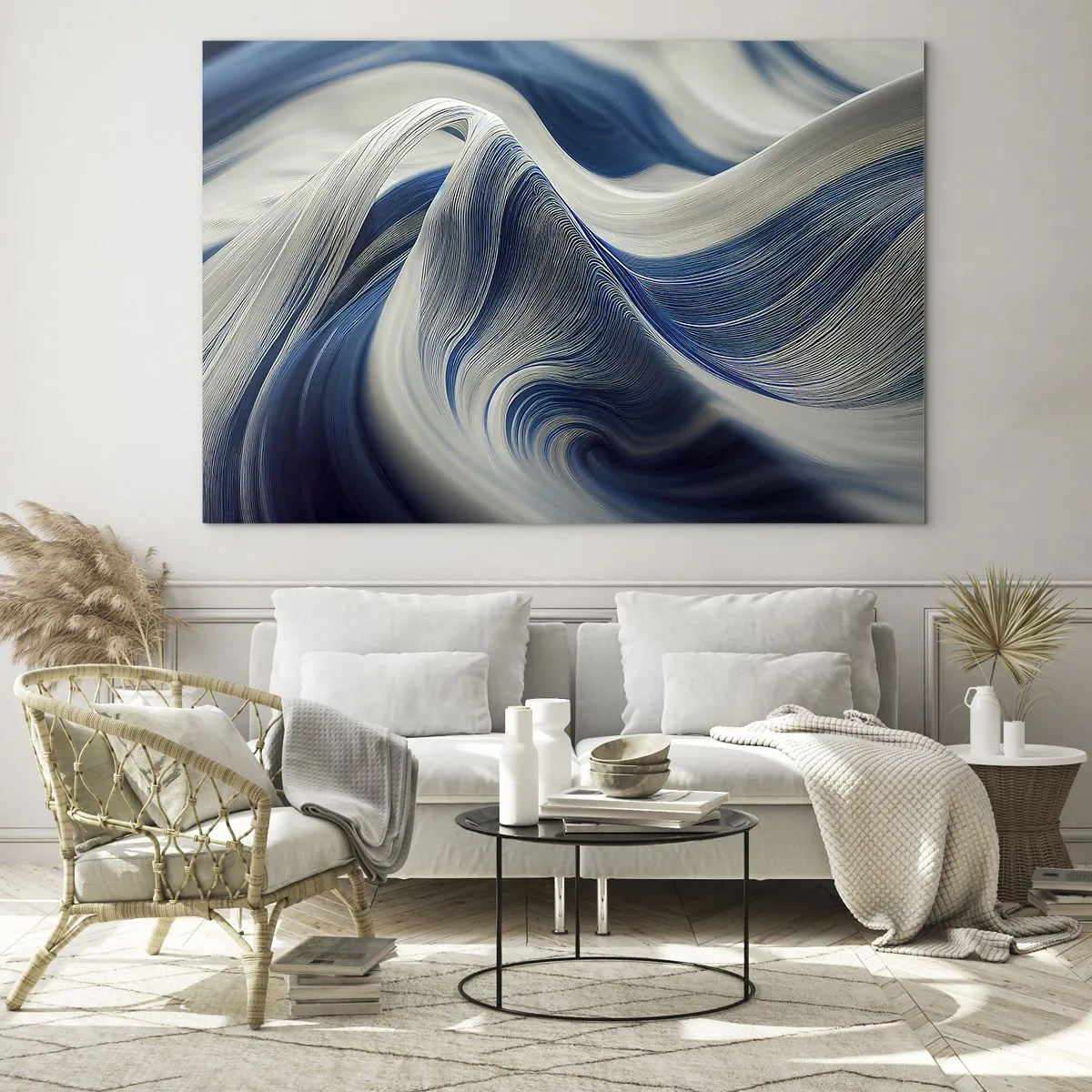 Quadro su vetro - Astrazione dinamica nei toni del blu e del bianco - 70x50cm - Fluidità di blu e di bianco - Decorazione murale moderna per soggiorno e camera da letto ARTTOR