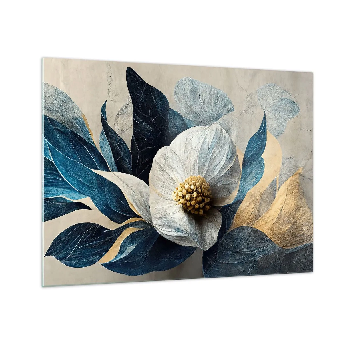 Quadro su vetro - Una composizione floreale bianca con foglie blu navy e un centro dorato - 70x50cm - Ha un cuore d'oro - Decorazione murale moderna per soggiorno e camera da letto ARTTOR