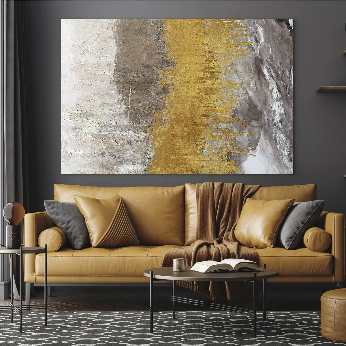 Quadro su vetro - Le strutture dorate e terrose creano un'astrazione dinamica - 70x50cm - Soffio dorato - Decorazione murale moderna per soggiorno e camera da letto ARTTOR