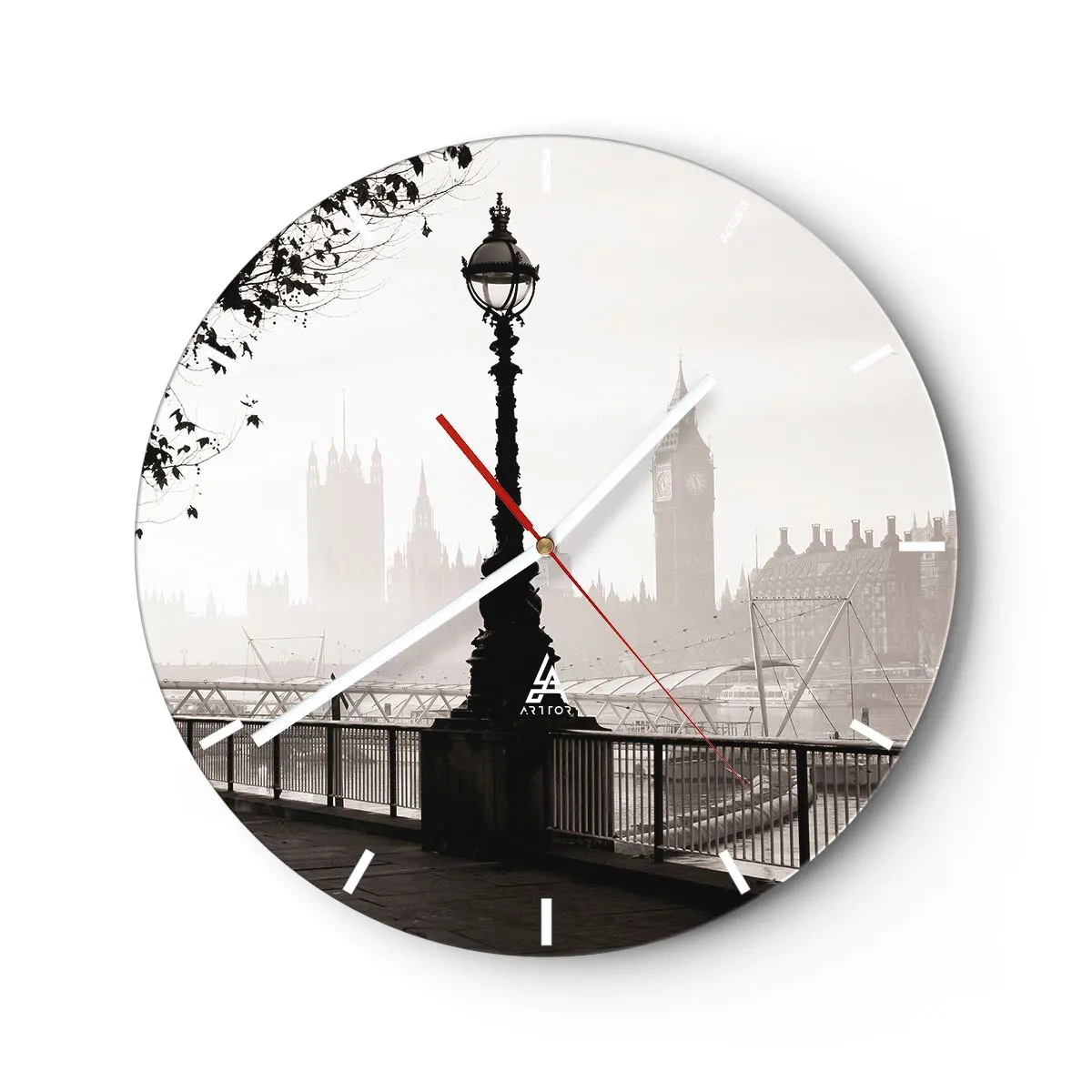 Orologio da parete - Orologio in Vetro - Un faro sul Tamigi con lo skyline di Londra sullo sfondo - 30x30cm - Un mattino a Londra - Decorazione murale moderna per soggiorno, cucina e camera da letto ARTTOR