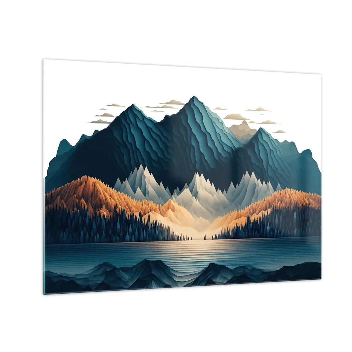 Quadro su vetro - Paesaggio montano stilizzato con una foresta e un lago - 70x50cm - Perfetto paesaggio montano - Decorazione murale moderna per soggiorno e camera da letto ARTTOR