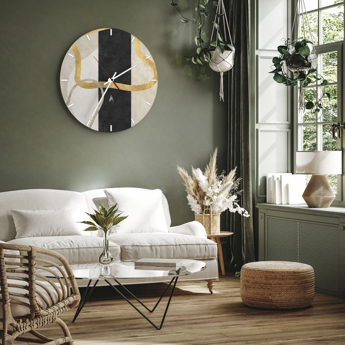 Orologio da parete - Orologio in Vetro - Linee dorate contro una striscia nera e forme beige - 30x30cm - Forme intrecciate - Decorazione murale moderna per soggiorno, cucina e camera da letto ARTTOR