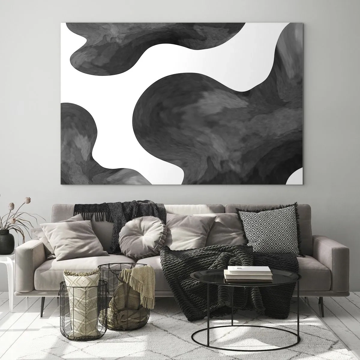 Quadro su vetro - Forme astratte nei toni del bianco e del nero - 70x50cm - Via Lattea - Decorazione murale moderna per soggiorno e camera da letto ARTTOR