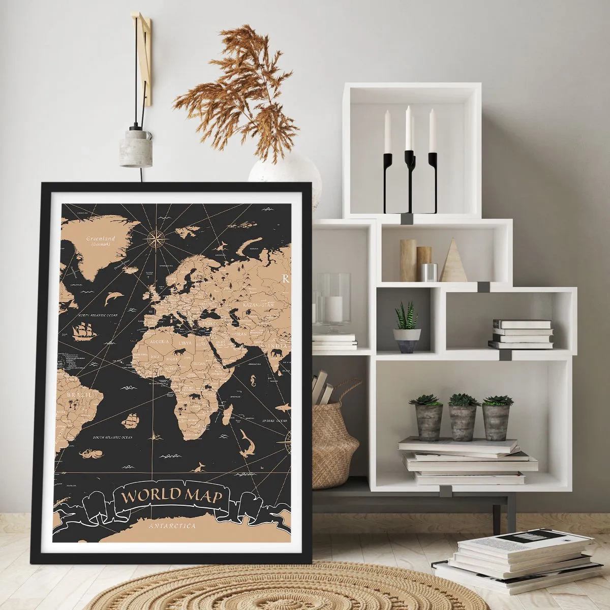Poster in cornice nera - Mappa del mondo stilizzata in colori vintage - 50x70cm - I confini del mio mondo - Decorazione murale moderna per soggiorno e camera da letto ARTTOR