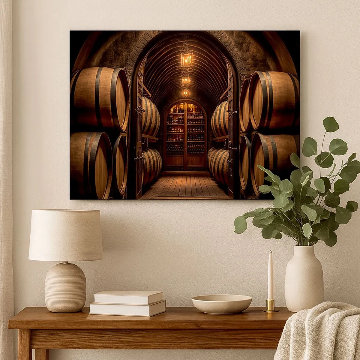 Quadro su tela - Stampe su Tela - Cantina con botti di legno e scaffali per il vino - 70x50cm - L'atmosfera della cantina - Decorazione murale moderna per soggiorno e camera da letto ARTTOR