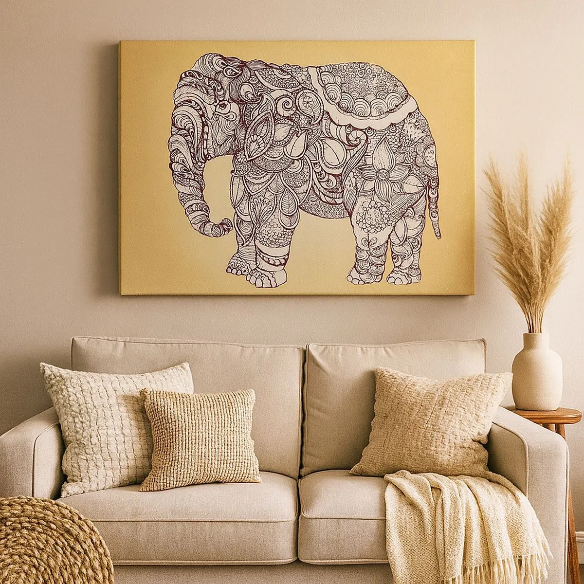 Quadro su tela - Stampe su Tela - Elefante disegnato a mano con motivo ornamentale su sfondo beige - 70x50cm - L'elefante nascosto - Decorazione murale moderna per soggiorno e camera da letto ARTTOR