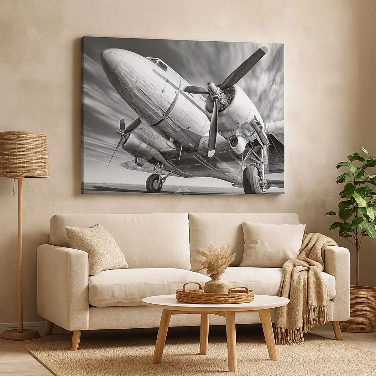 Quadro su tela - Stampe su Tela - Immagine in bianco e nero di un aereo classico con dettagli strutturali visibili. - 70x50cm - Sempre pronto al volo - Decorazione murale moderna per soggiorno e camera da letto ARTTOR
