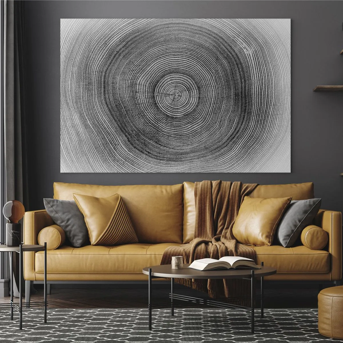 Quadro su vetro - Linee concentriche di anelli degli alberi presentate in un'estetica in bianco e nero - 70x50cm - I segni del tempo - Decorazione murale moderna per soggiorno e camera da letto ARTTOR
