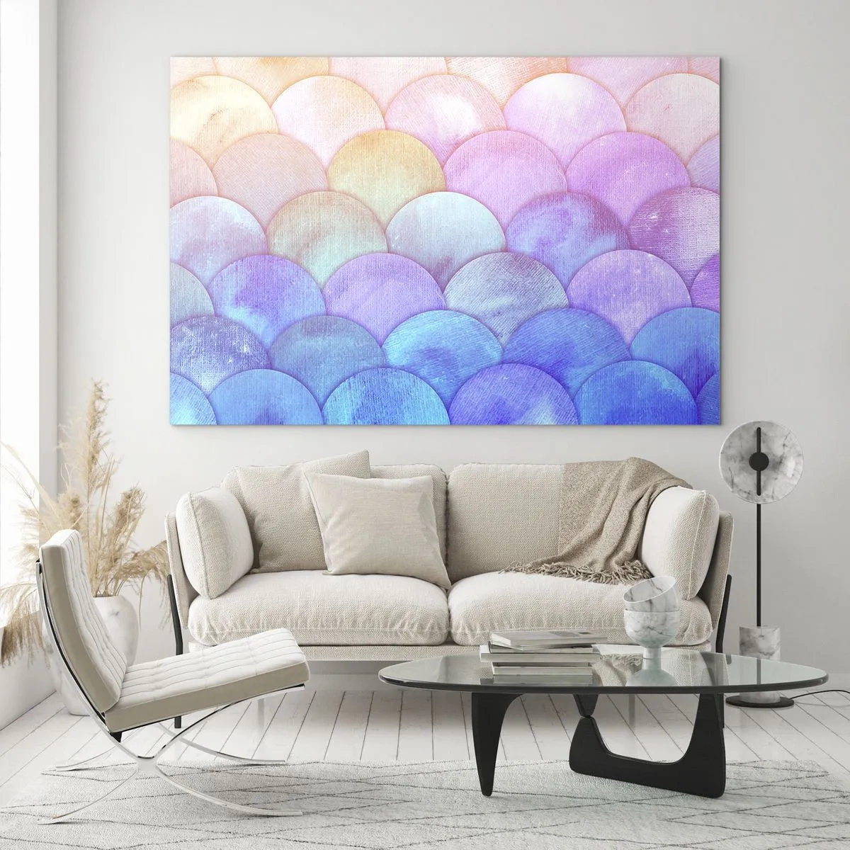 Quadro su vetro - Squame di perle in tonalità pastello di rosa, blu e viola - 70x50cm - Scaglie perlate - Decorazione murale moderna per soggiorno e camera da letto ARTTOR