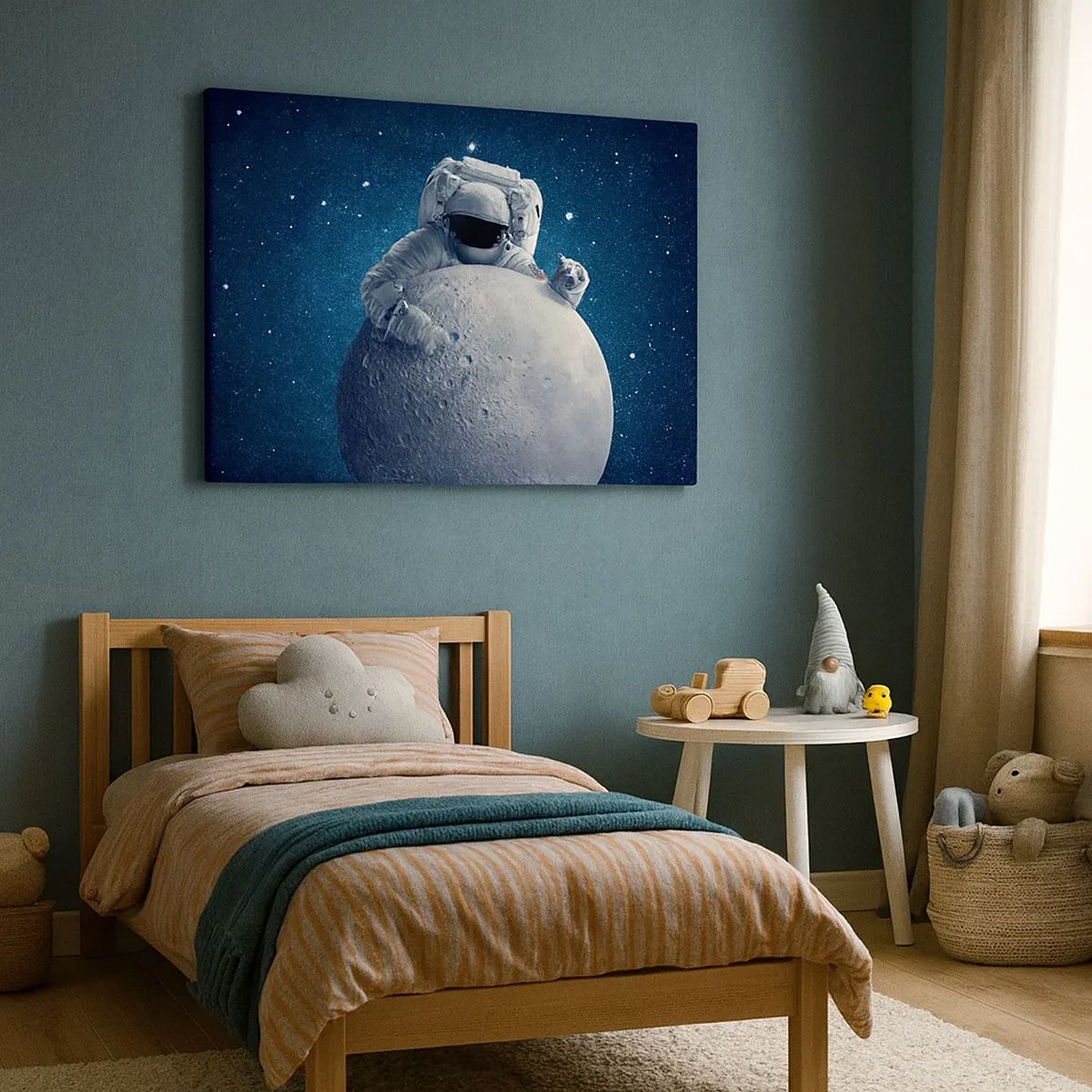 Quadro su tela - Stampe su Tela - Astronauta che tiene la luna contro un cielo stellato - 70x50cm - Burlone spaziale - Decorazione murale moderna per soggiorno e camera da letto ARTTOR